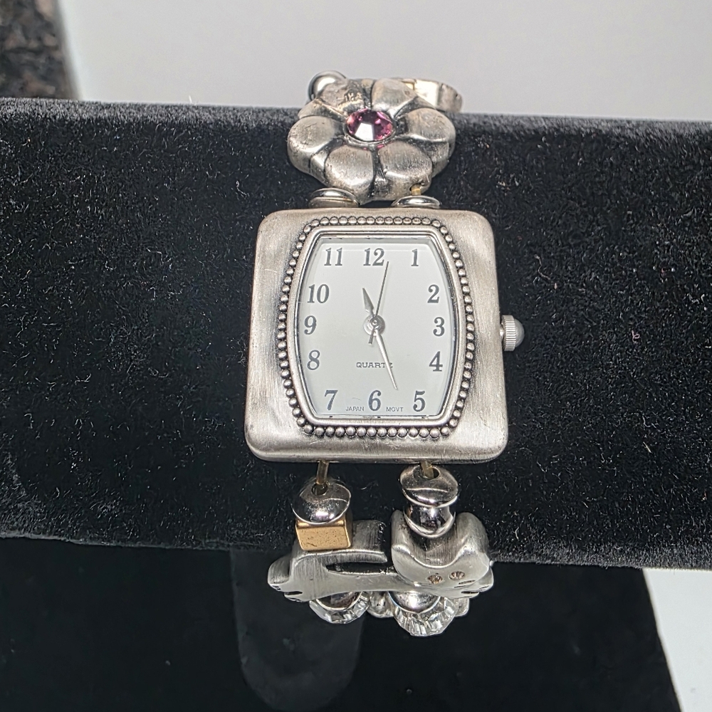 Avon Silver-Tone Floral Bracelet Watch with Pink Crystal